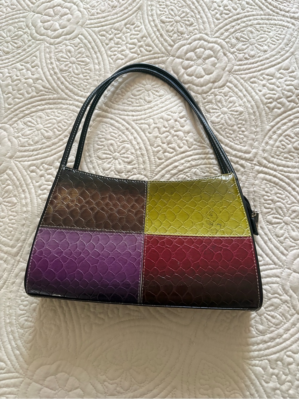 Colorblock Patchwork Shoulder Bag in Purple, Green, Red and Brown